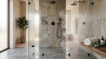 Textured rain-pattern glass shower panels with matte black hardware in a stone-tiled bathroom, rolled towels on a wood bench