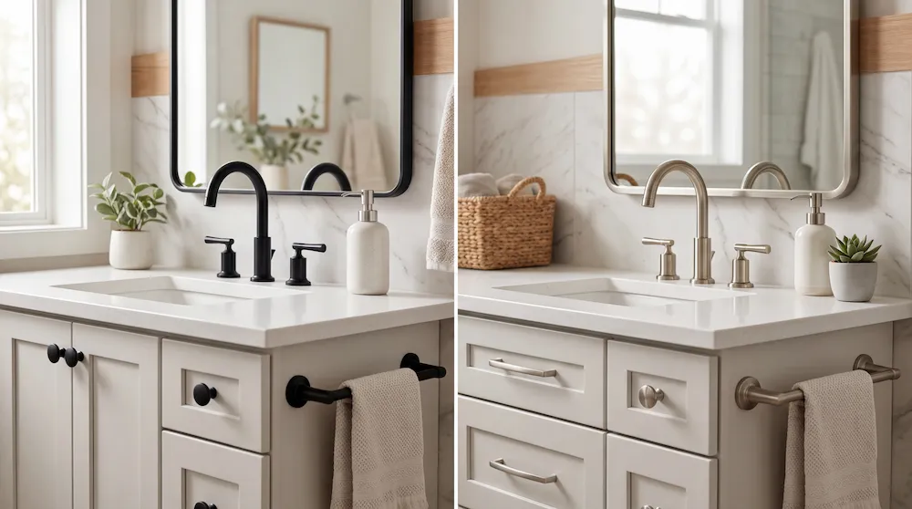 Side-by-side bathroom vanities comparing a matte black faucet and hardware on the left with brushed nickel on the right