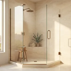 Frameless neo-angle shower door meeting a fixed panel at 135 degrees with warm bronze-tone hardware