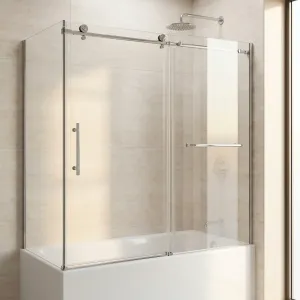 Sliding glass bathtub door with chrome roller hardware and a towel bar mounted over a white bathtub