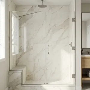 Frameless shower door and fixed panel with brushed nickel hardware above a tiled bench in a marble shower