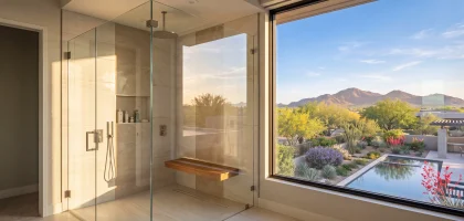 Frameless glass shower with a wood bench and a wide window looking out to desert landscaping, a pool and distant mountains