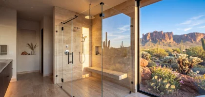 Frameless corner shower with black hardware and a wood bench, with a window view of saguaro cacti and red rock cliffs