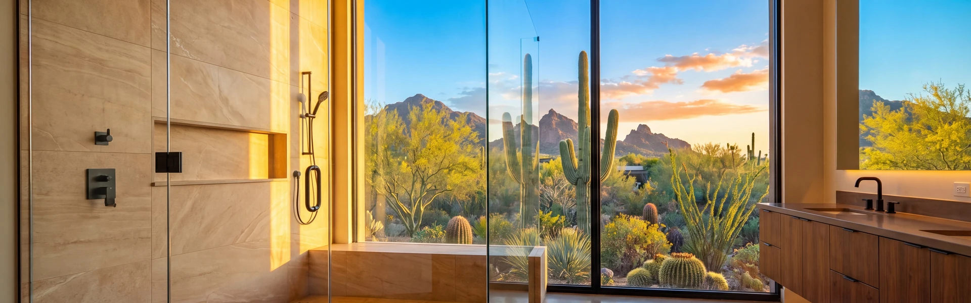 Frameless glass shower with matte black fixtures beside a floor-to-ceiling window overlooking saguaro cacti and desert mountains at sunset