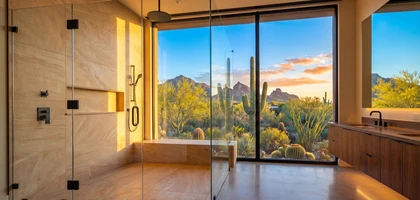 Frameless glass shower with matte black fixtures beside a floor-to-ceiling window overlooking saguaro cacti and desert mountains at sunset