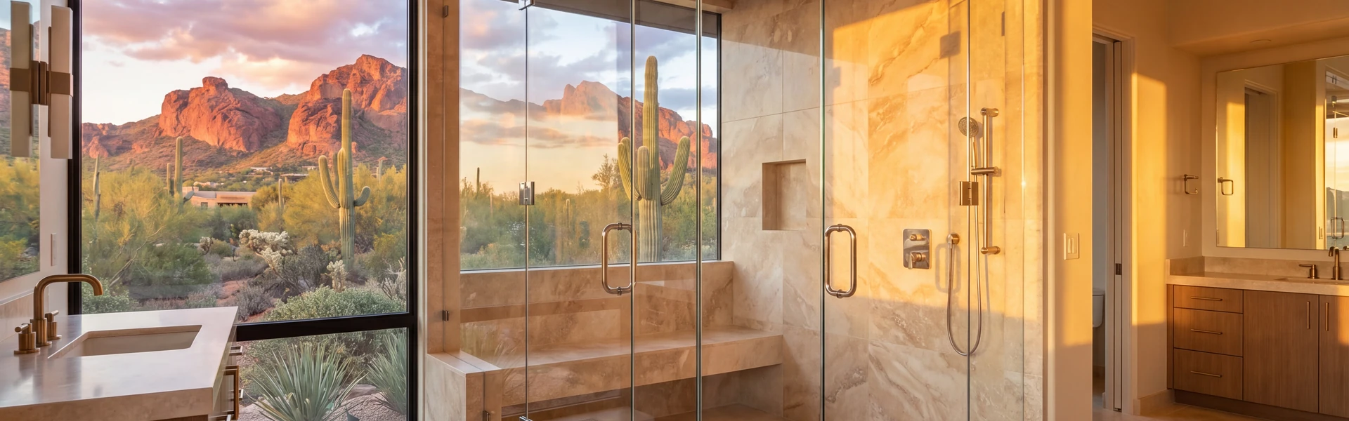 Large frameless glass shower enclosure in travertine, with a corner window framing red rock mountains at sunset