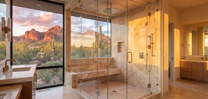 Large frameless glass shower enclosure in travertine, with a corner window framing red rock mountains at sunset