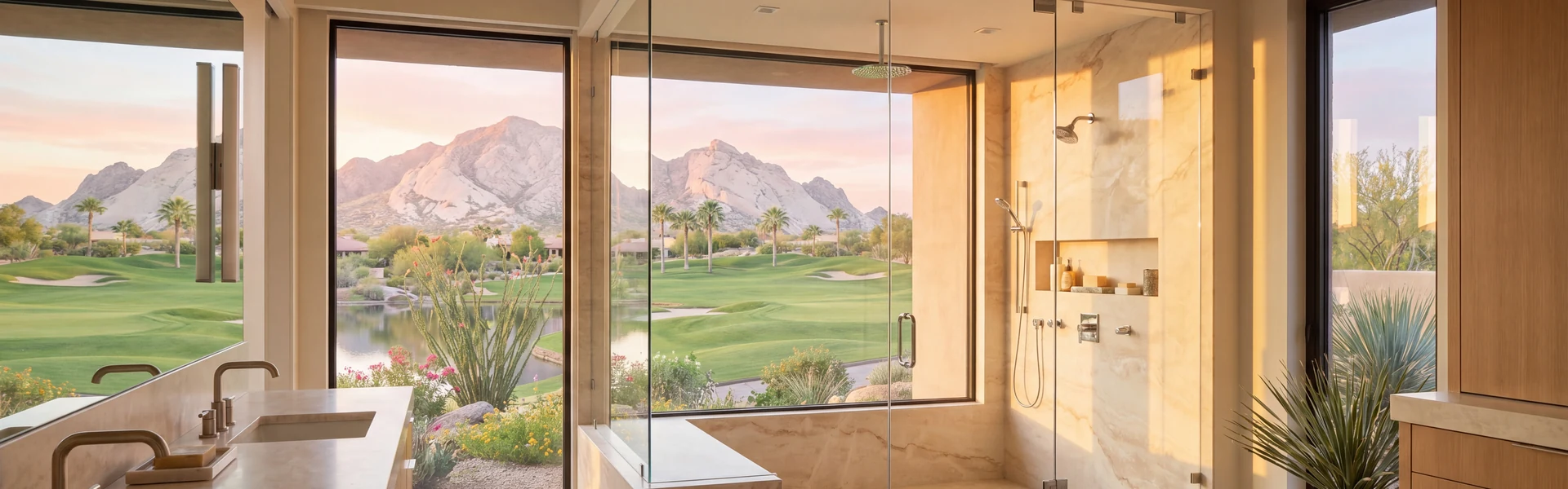 Frameless glass shower with a window overlooking a golf course fairway, palm trees and mountains at sunset