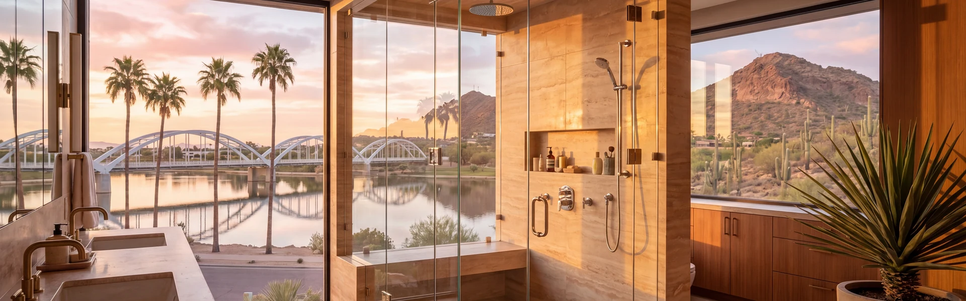 Frameless glass shower beside a window overlooking palm trees, a lake and an arched bridge at sunset
